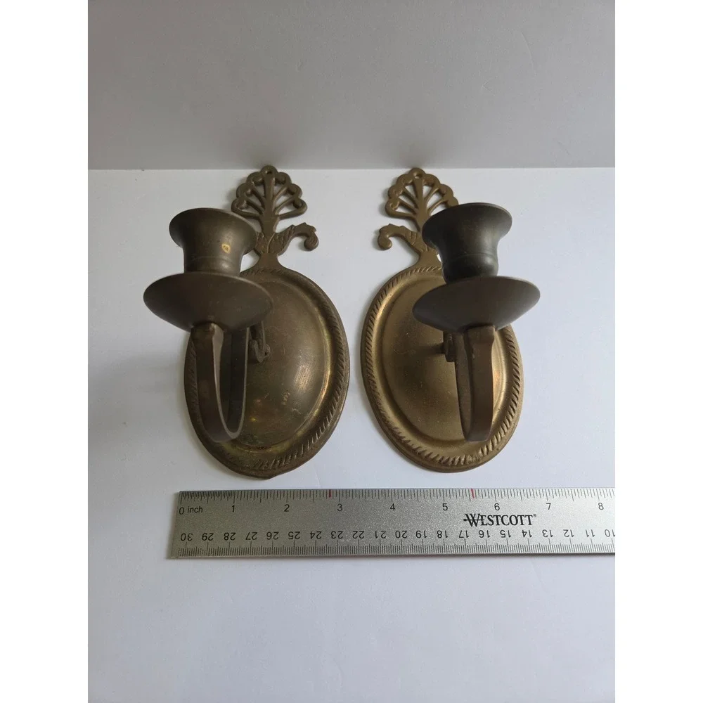 Vintage Solid Brass Wall Sconces Pair Handcrafted India Scrolled Candle Holder
